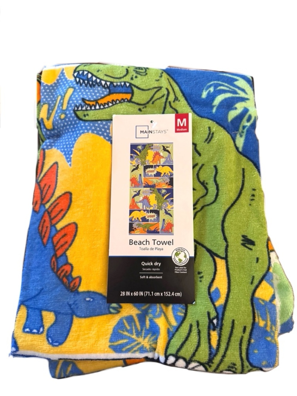 3 COUNT Mainstays Dino Dinosaur Print Beach Towels- Green, Blue & Yellow